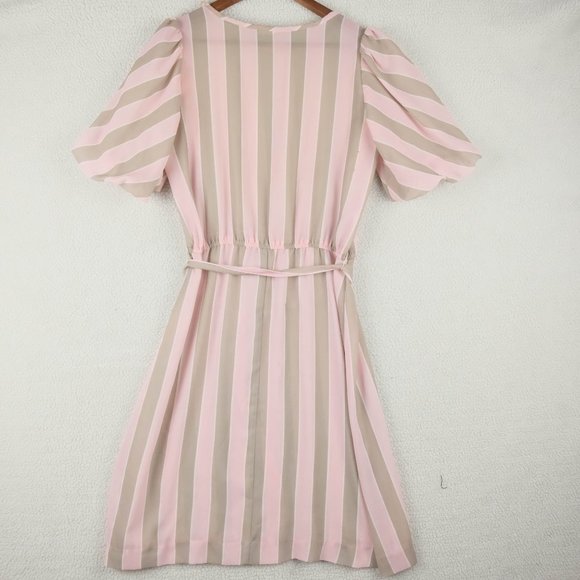 Vintage Summer Dress Womens Large Pink Beige Striped Sheer Midi Belted 70s - Picture 6 of 13